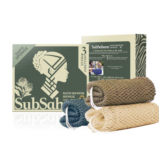 SubSahara Authentic African Net Sponge - 2 Pieces Exfoliating Scrubber for All Skin Types, Bath Sponge for Face & Body, Travel Portable, Durable, Gentle Exfoliation (Olive Green & Light Green)
