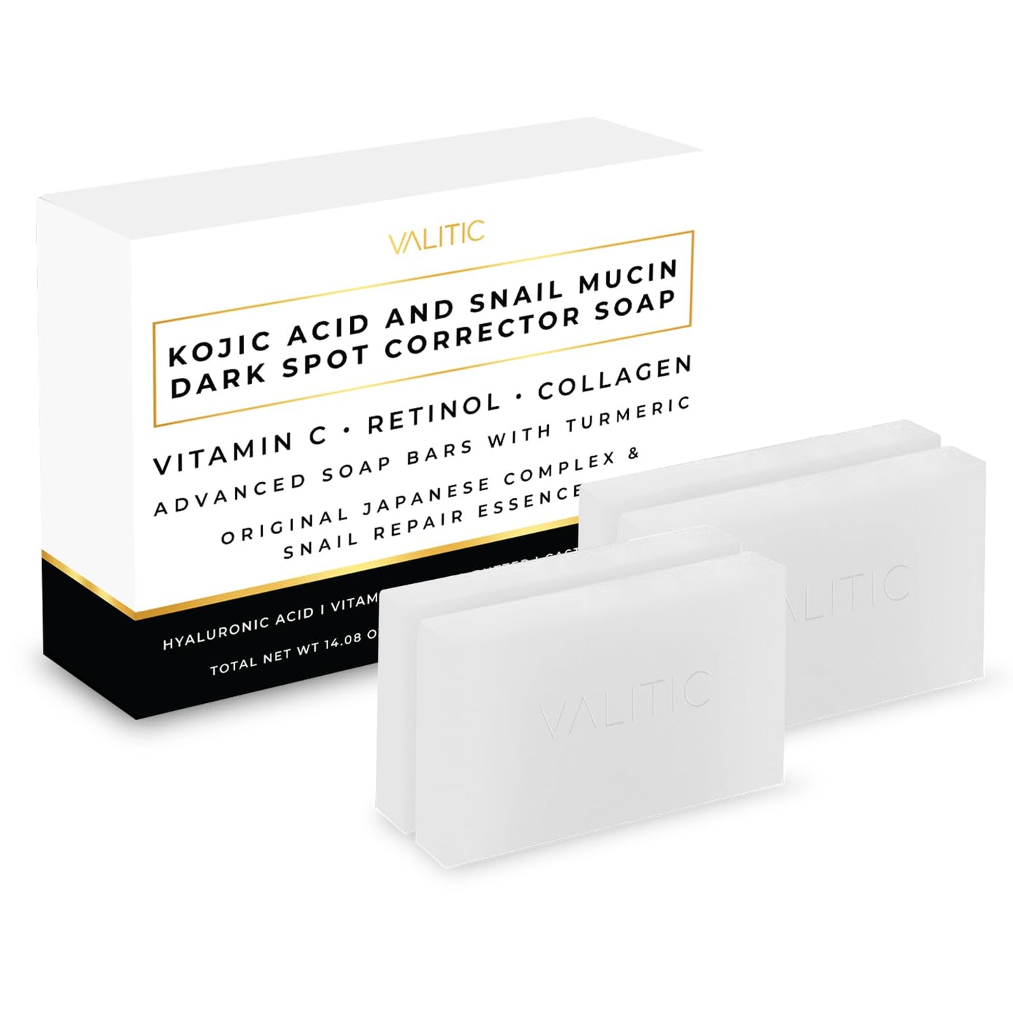 VALITIC Snail Mucin Cleanser Soap Bar with Turmeric and Kojic Acid Dark Spot Corrector – Anti Aging and Purifying Skin Care Snail Secretion for Intense Hydration and Moisturization – 2 Pack