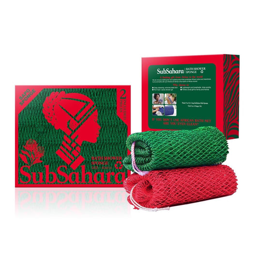 SubSahara Authentic African Net Sponge - 2 Pieces Exfoliating Scrubber for All Skin Types, Bath Sponge for Face & Body, Travel Portable, Durable, Gentle Exfoliation (Olive Green & Light Green)