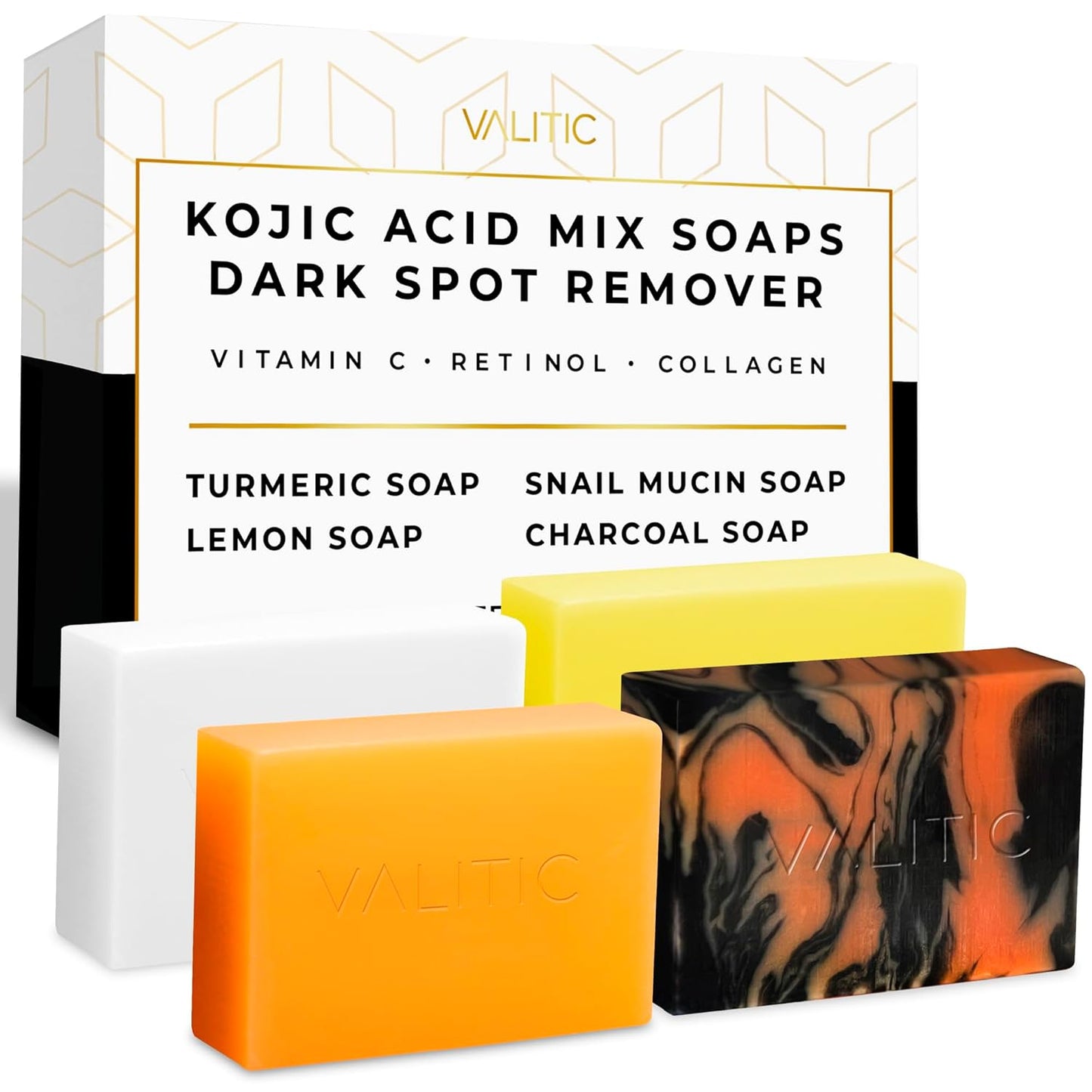 VALITIC Kojic Acid Soap Bars - Turmeric, Snail Mucin, Charcoal and Lemon - Holiday Skin Care Beauty Set Gift 4 Assorted Dark Spot Remover Soaps with Hyaluronic Acid, Vitamin C, Vitamin E, Shea Butter