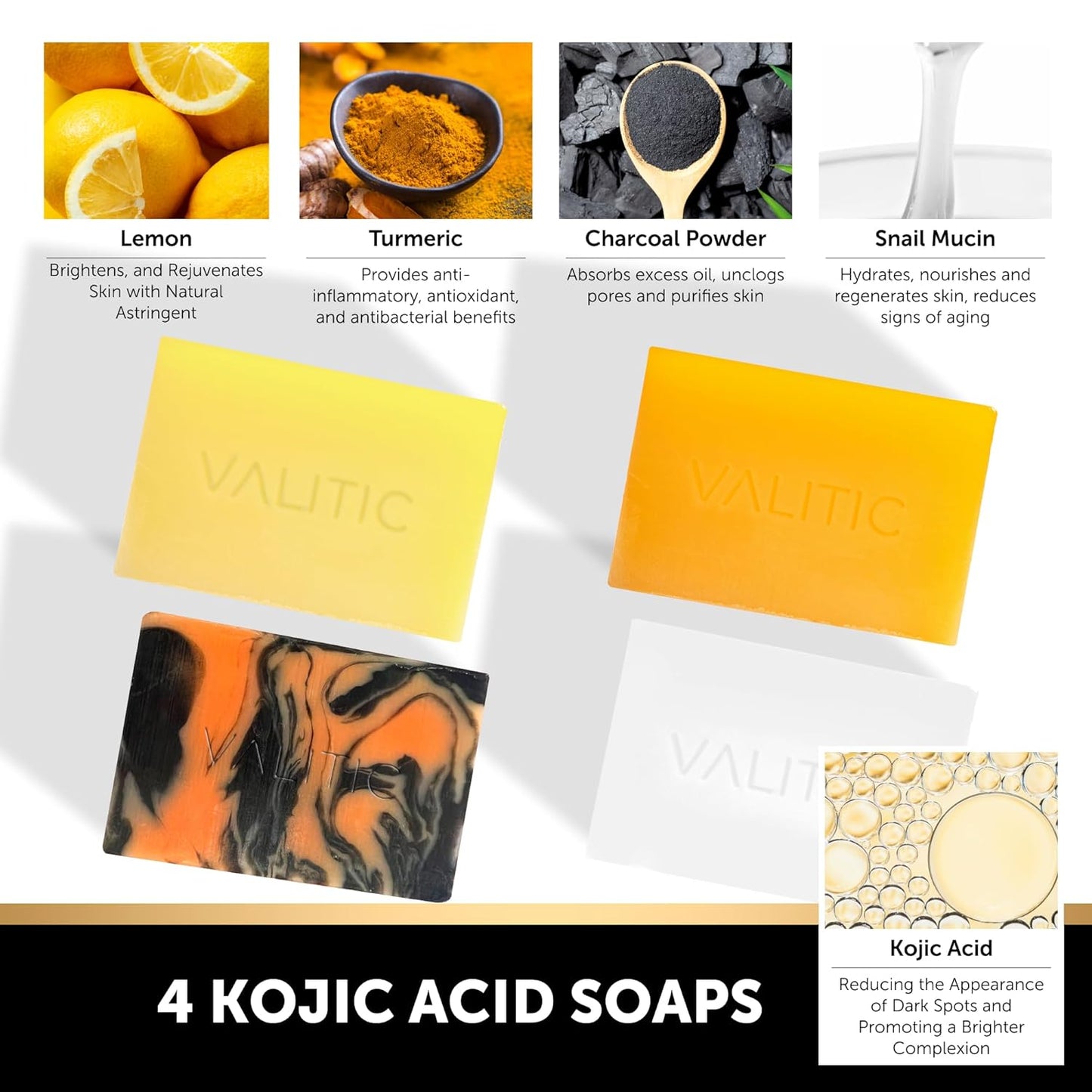 VALITIC Kojic Acid Soap Bars - Turmeric, Snail Mucin, Charcoal and Lemon - Holiday Skin Care Beauty Set Gift 4 Assorted Dark Spot Remover Soaps with Hyaluronic Acid, Vitamin C, Vitamin E, Shea Butter