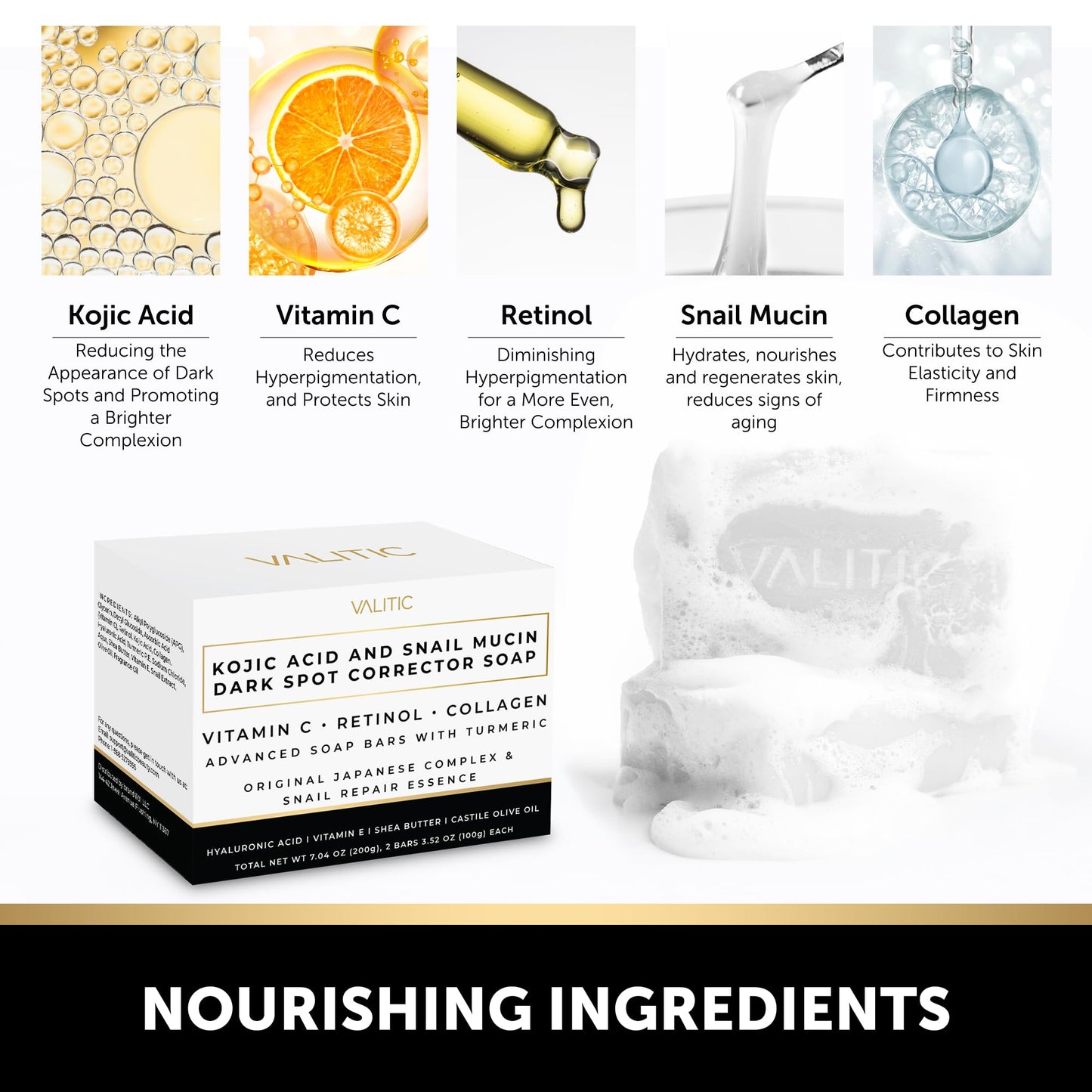 VALITIC Snail Mucin Cleanser Soap Bar with Turmeric and Kojic Acid Dark Spot Corrector – Anti Aging and Purifying Skin Care Snail Secretion for Intense Hydration and Moisturization – 2 Pack